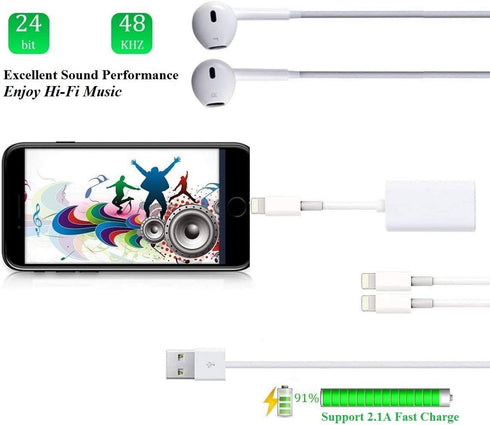esbeecables [MFi Certified iPhone Adapter & Splitter, 2 in 1 Dual Lightning Headphone Jack Aux Audio & Charge Adapter Dongle for iPhone 14 13 12 1...