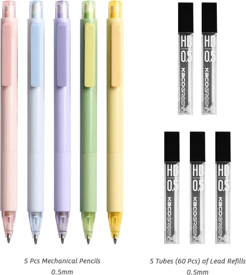 Kaco Mechanical Pencil Set, 5 Pieces Cute Pastel Pencils 0.5mm with 5 Tube HB Lead Refills (5 Pieces - 5 Mixed Color)...