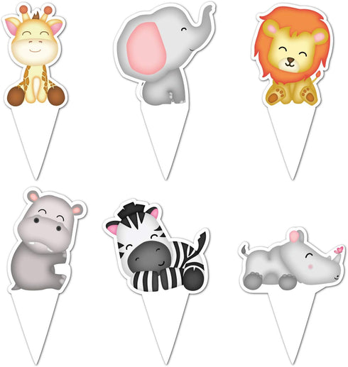 Pretty Cute Studios 48 Count Jungle Cupcake and Cake Toppers – Includes 8 Giraffes, 8 Zebras, 8 Elephants, 8 Lions, 8 Hippos, and 8 Rhinos...