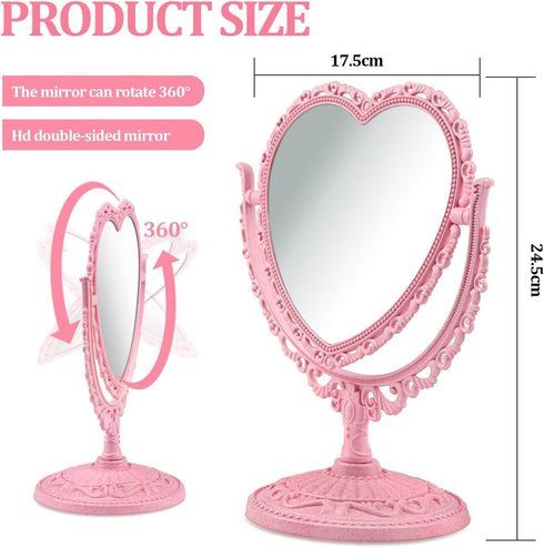 Pink Heart Vanity Mirror 360 Degree Swivel Makeup Mirror Aesthetic Mirror Double Sided Table Desk Countertop Mirror Stand Cosmetic Mirror Dresser ...
