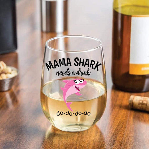 Mama Shark Needs a Drink Funny Wine Glass - Mom Gift For Birthdays, Mother's Day, Christmas, Holidays or Just Because - Stemless...