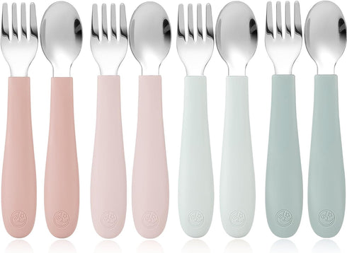 CoixFoam 8 Pieces Toddler Utensils, Toddler Safe Silverware Set With Food Grade Silicone Hanlde, 18/8 Stainless Steel, Perfect Length For New Self...