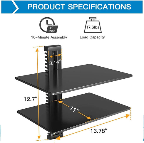 PERLESMITH Floating AV Shelf Double Wall Mount TV Shelf - Holds up to 17.6lbs - DVD DVR Component - Perfect for Xbox, Projector, WiFi Router, Game...