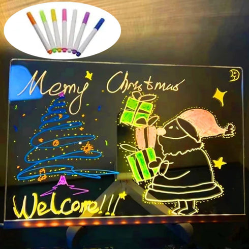 LYW Glowing Acrylic Marker Board, LED Note Board with Colors, Acrylic Dry Erase Board with 7 Color Pen Light Clear Desktop Note Memo Board, LED Le...