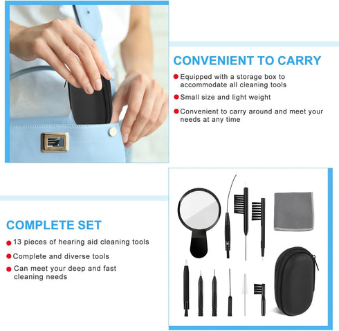 WXJ13 Hearing Aid Cleaning Kit, 13 Pieces, Includes Nylon Brushes, Magnifier, Ventilation Rod, Screwdriver, Case for Headphones, Earplugs, Mobile ...