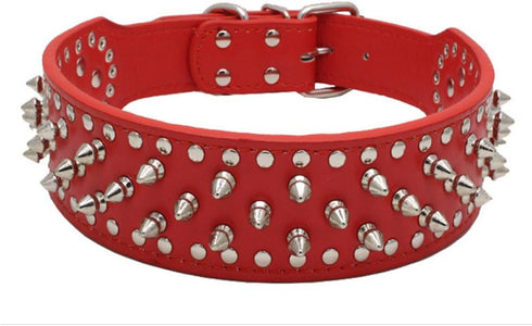 20-26" Length 2" Width Spike Rivets Leather Dog Pet Collars for Pitbull Mastiff Boxer (Red,L)...
