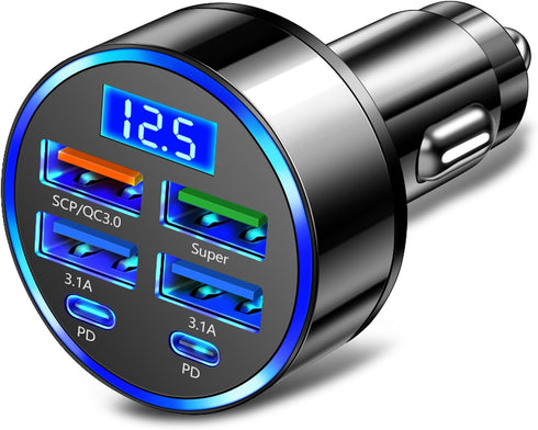 6 Ports Fast Car Charger with Voltage Monitor,Car Cigarette Lighter USB Charger (PD+QC3.0) Compatible with iphone13/14/15 & Most Android Models,Ca...