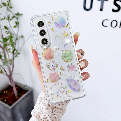 Abbery for Samsung Z Fold 5 5G Case Space Theme Clear with Design Bling Glitter Sparkly Stars and Moon Planet Durable Shockproof Transparent Unive...