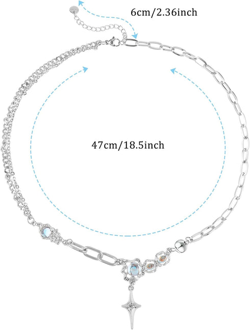 Silver Y2k Star Pendant Necklace Rhinestone Moonstone Irregular Necklace Adjustable Grunge Jewelry Gifts Accessories for Women Teen Girls Aestheti...