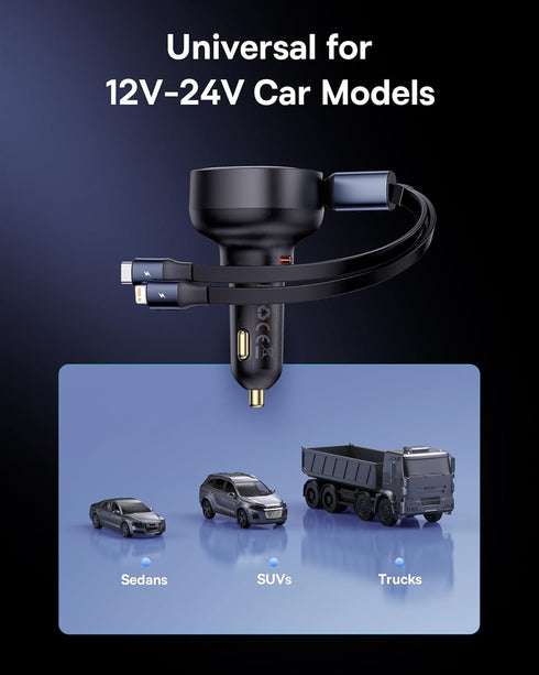 Baseus USB C Car Charger, 60W Retractable Car Charger, 3 in 1 Fast Car Charger, Compatible with iPhone 15/14/13/12 Pro Max, Plus, Samsung Galaxy S...