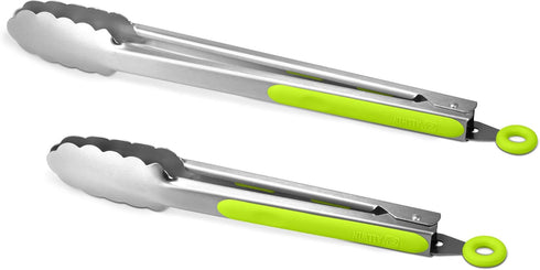 304 Stainless Steel Kitchen Cooking Tongs, 9" and 12" Set of 2 Sturdy Grilling Barbeque Brushed Locking Food Tongs with Ergonomic Grip, Green...