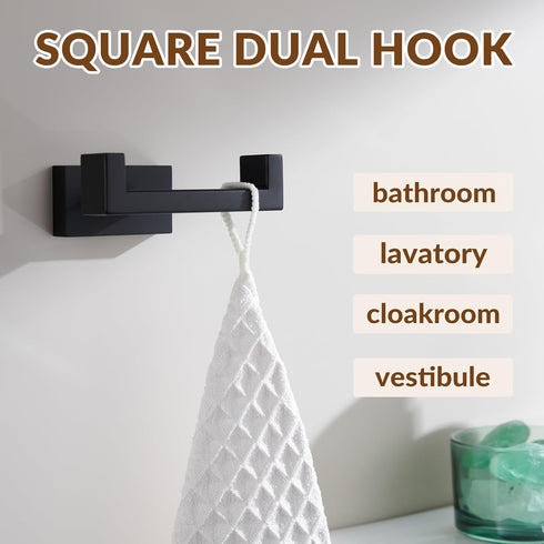 APLusee Double Robe Towel Hook, Stainless Steel Square Dual Coat Hook, Utility Bath Kitchen Storage Hanger Holder, Matte Black...