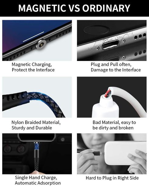 Magnetic Charging Cable 4 Pack- (6.6ft/6.6ft/3.3ft/3.3ft) 360° 3-in-1 Magnetic USB C Charging Cable | LED Light Nylon Braided Magnetic Cable for i...