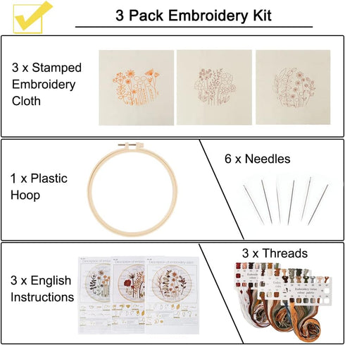 Uphome 3 Pack Embroidery Starter Kit for Beginners Stamped Cross Stitch Kits with Cute Flowers and Plants Patterns with 1 Embroidery Hoop and Colo...
