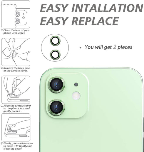 CloudValley Camera Lens Protector for iphone 12/12 Mini / 11, Tempered Glass Film, Aluminum Alloy Screen Cover, 2 Pack Green, with Cleaning Kit...