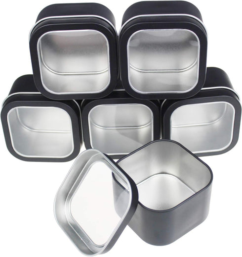 6-Pack 8oz Empty Square Metal Tins with Clear Window for Candle Making, Candies, Gifts & Treasures, Black...