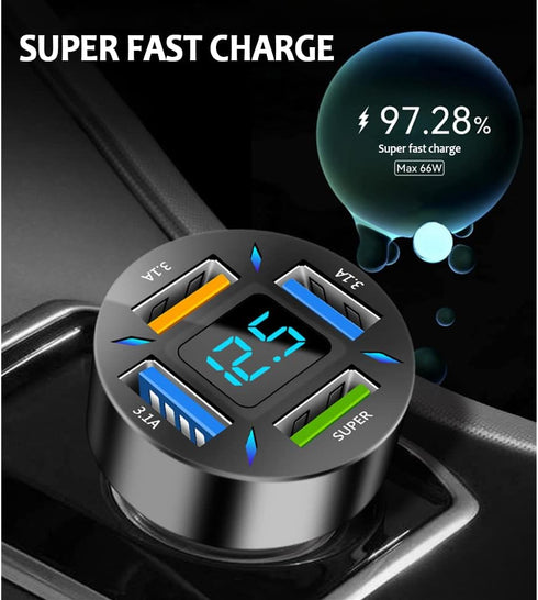 66W Fast Car Charger, 4-Port USB, Smart Power Charger Adapter with Voltmeter, Compatible Most Smartphones...