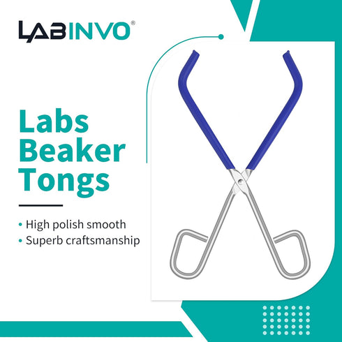 Lab Beaker Tongs, with Blue Rubber Coated Ends Clamping Tools, Chrome Plated Steel Beaker Pliers for 50mL - 2000mL Capacity Beaker, IN-BT150...