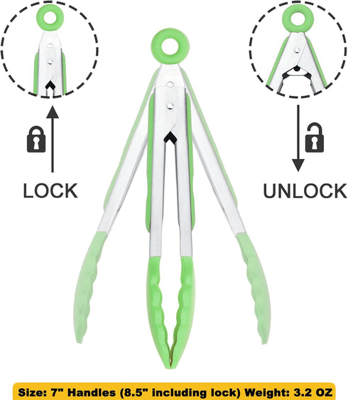 Mini Tongs with Silicone Tips 7 Inches Silicone Cooking Tongs, Set of 3 (Green)...