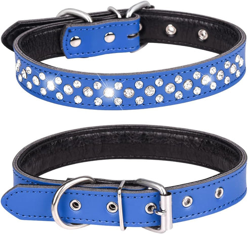 Rhinestones Dog Collar, Adjustable Sparkly Crystal Studded Genuine Leather Pet Dog Collar for Small and Medium Breeds (S fit Neck 11-13", Dark Blu...