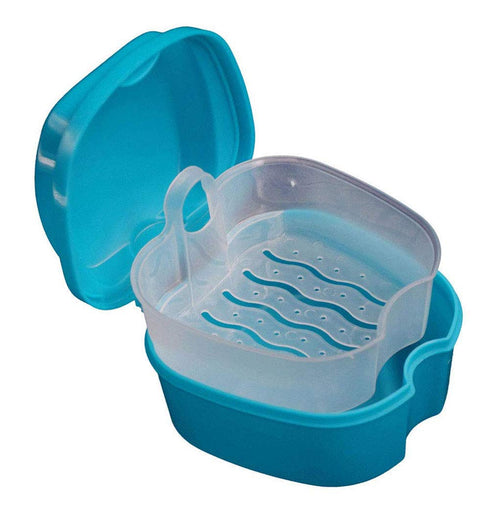Denture Bath Case Cup Box Holder Storage Soak Container with Strainer Basket for Travel Cleaning (Light Blue)...