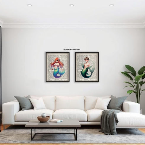 Posterizer 2 pcs-Cute Mermaid and Merman Dictionary Wall Art-Abstract Modern Art-Movie Cinema Art-Gift for Daughter, Son, Kids-Decor for nursery t...
