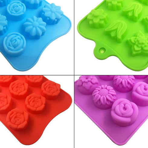 4 PACK Flower Shape Chocolate Candy Molds Set,DanziX Silicone 15 Cavity Baking Mold Ice Cube Tray for Wedding,Festival,Parties and DIY Crafts-Gree...