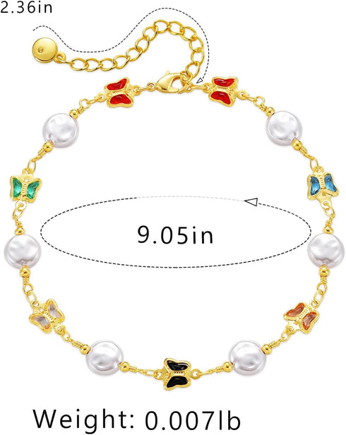 Butterfly Anklet for Women 14K Gold Plated Summer Colorful Crystal Butterfly Pearl Ankle Bracelet (Pearl,Gold)...