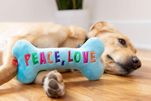 Huxley & Kent for Dogs | Peace, Love, Belly Rubs Bone | Holiday Christmas Power Plush Dog Toy with Squeaker | Funny Dog Gift | Fun, Durable, and S...
