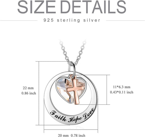 AOBOCO Two-Tone Sterling Silver and Rose Gold or Gold-Faith Hope Love Cross Charm Pendant Necklace with Austrian Crystal...