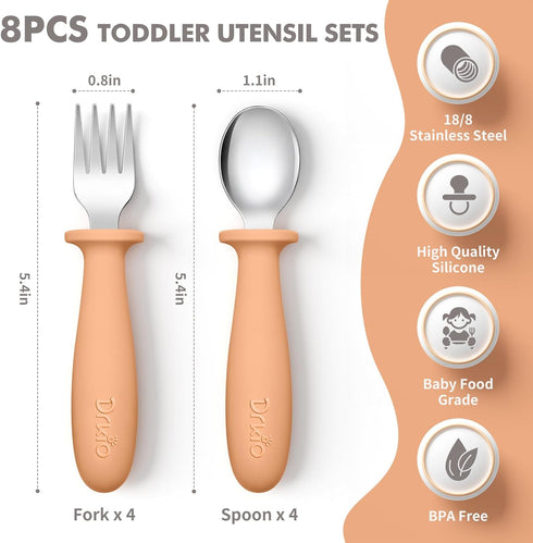 8 Pieces Toddler Utensils Set - Kids Silverware Set with Silicone Handle Children Safe 18/8 Stainless Steel Forks and Spoons Anti-Choke Design Foo...