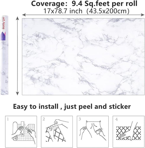 Arthome Marble Paper,17x78.7 inch Self Adhesive Wallpaper Waterproof Gloss PVC Vinyl, Oil Proof,White/Gray Granite Paper,Marble Vinyl Paper for Fu...