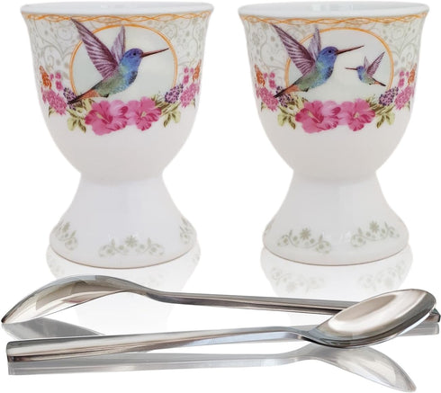 NobleEgg Egg Cups for Soft Boiled Eggs - Vintage Style Porcelain Egg Cups Holders, Authentic Egg Spoons, Stainless Steel...