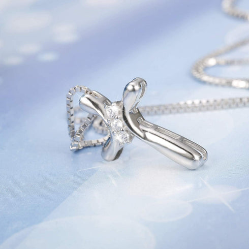 FUNRUN JEWELRY 925 Sterling Silver Cross Necklace for Women 3 Stone Cubic Zirconia Silver Cross Pendant Necklaces with 1 MM Box Chain,18 Inches...