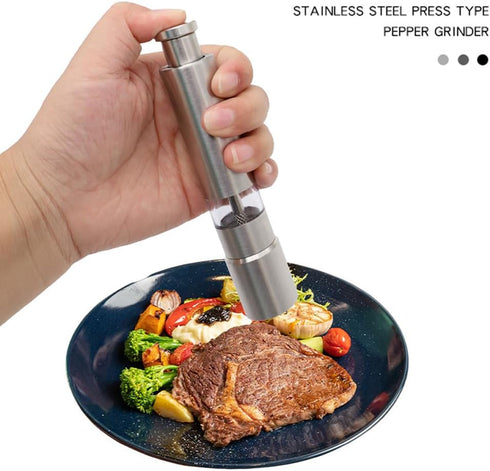 Premium Stainless Steel Salt Grinder Pepper Mill for Peppercorns Sea Salt and Spices, Thumb Push Button for 1 Hand Operation for Grinding Salt and...