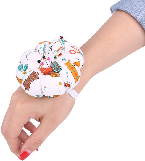 Wrist Pin Cushion, Pumpkin Shaped Pincushions Band Wearable Needle Finger Wristband Cushions Pins Holder Elastic Strap Quilting Pop Snap Ring Sewi...