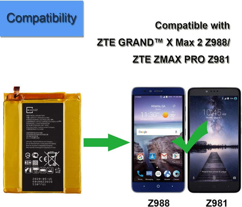 New Replacement Li-Polymer Battery Li3934t44P8h876744 Compatible with ZTE Z981 Z988 Z983 MetroPCS ZMax Pro Cricket Grand X Max 2...