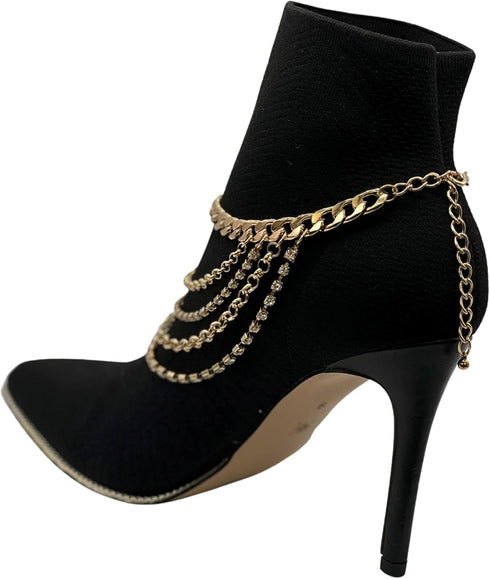 Women Western Fashion Anklet Boot Chain Bracelet Gold Metal Shoe Back Side Wave Multi Strand Charm...