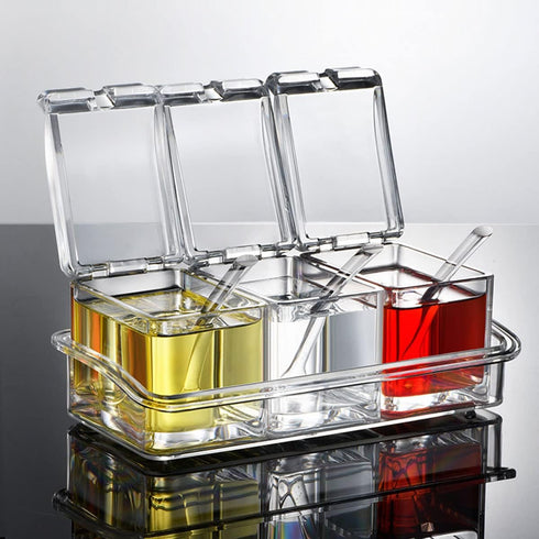 V·RESOURCING Clear Seasoning Box, 3 Pieces Seasoning Rack Spice Pots Storage Container for Spice Salt Sugar Cruet Liquid,Condiment Jars with 3 Spo...