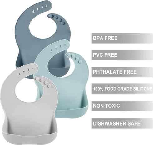 PandaEar 3 Pack Silicone Bibs for Boys Girls for Babies & Toddlers, Adjustable Waterproof Eating Bibs for Boys Girls, BPA Free Soft Durable Silico...