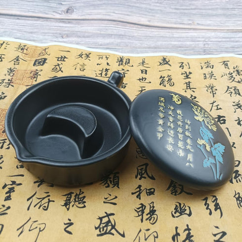 Multifunctional Chinese Calligraphy Handmade Porcelain Ink Well Dish Ceramic Inkslab Inkstone with Brush Holder for Beginners Paintings Writings D...