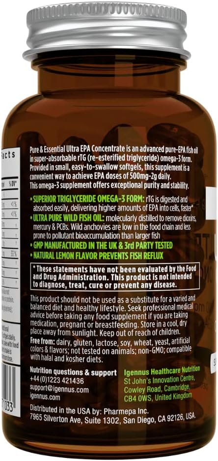 Pure & Essential Ultra Pure EPA Omega-3 Concentrate 500 mg, Wild Fish Oil, rTG, 90 Small Softgels...