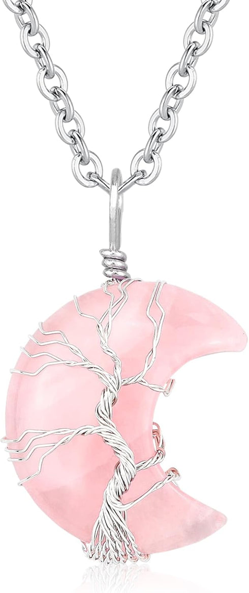 XIANNVXI Mother's Day Gifts Rose Quartz Necklaces Stone Necklaces Tree of Life Wire Wrapped Crescent Moon Pendant Necklace Gemstone Quartz Jewelry...
