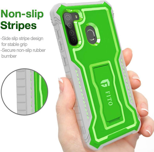 FITO Samsung Galaxy A21 Case, Dual Layer Shockproof Heavy Duty Case with Screen Protector for Samsung A21 Phone, Built-in Kickstand (Green)...