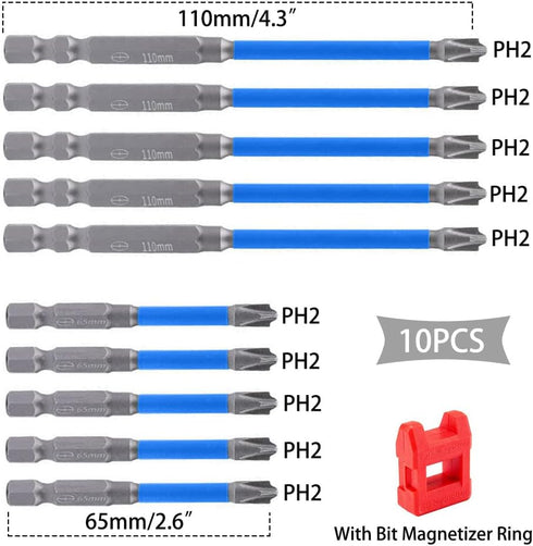 2023 New 10pcs Magnetic Special Flat Slotted Phillips Cross Head Screwdriver Bit Sets for Electrician PH2 Bit 1/4 Inch Hex Shank Screw Driver Dril...