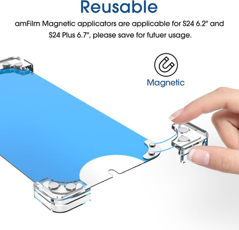 amFilm3+3 Pack Auto-Alignment Magnetic OneTouch for Samsung Galaxy S24 Plus 6.7” Tempered Glass Screen Protector +3 Camera Lens Protector, 30 Seco...