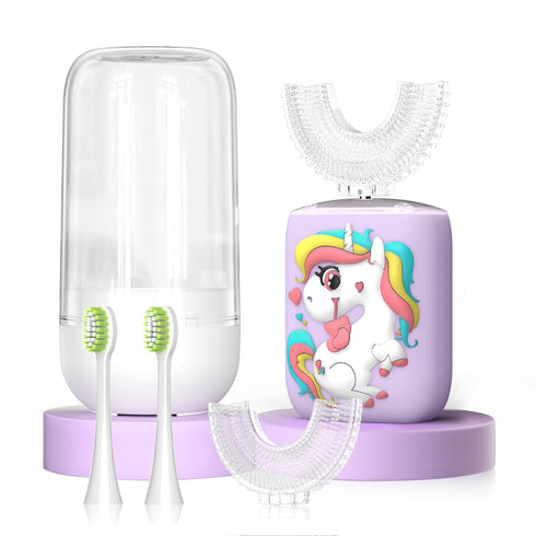 Kids Electric Toothbrush U Shaped Toddler Auto Sonic Toothbrushes with 4 Brush Head,Cartoon Unicorn Ultrasonic Toothbrushes for Children 2-12 Year...