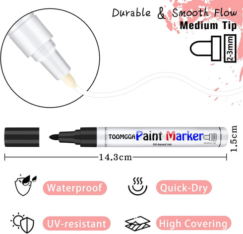 White and Black Permanent Markers Paint Pens-2 Pack Oil Based Paint Markers, Medium Tip, Quick Drying Paint Pens for Wood, Metal, Rock Painting, M...