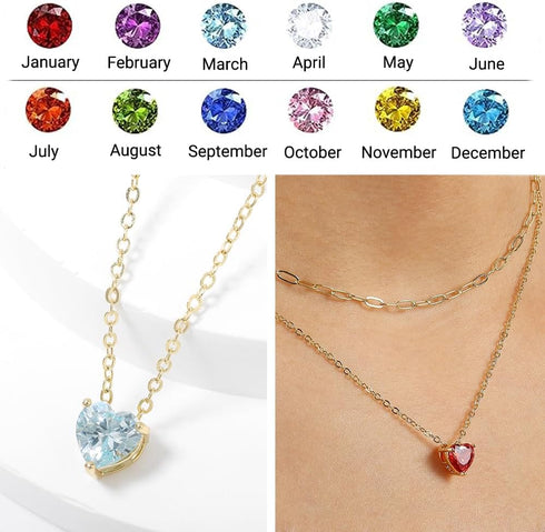 UILZ 14K Gold Plated Layered Birthstone Necklace Dainty Heart Birthstone Necklace Paperclip Chain Choker Necklace with Heart Pendant Birthstone Je...