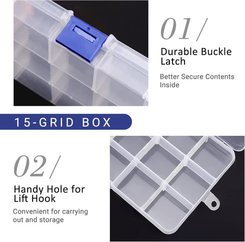 Bead Organizer Box, 2PCS 15 Compartment Craft Storage Container with Removable Divider, Plastic Empty Case for Jewelry Rhinestone Charms Crystal P...